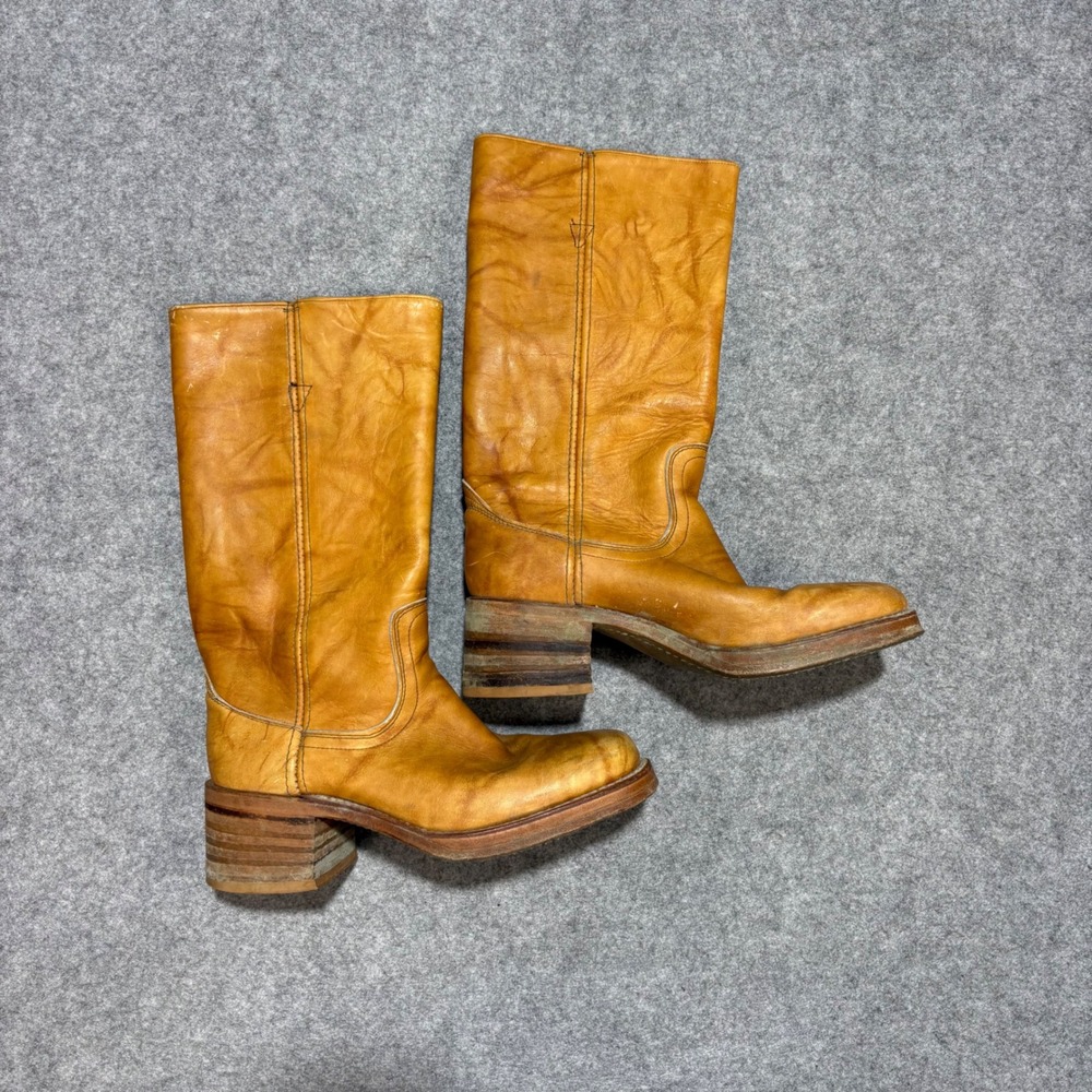 Vintage Dingo Tan Leather Campus Boots Mens 8.5 D Stacked Heel Made in USA 5207